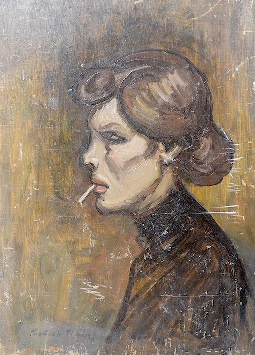 Ernest Robert Salmon Noir (1864-1931), oil on board, Portrait of a woman, ‘La Rogue’, signed, 33 x 23cm, unframed. Condition - poor to fair, scuffs throughout